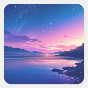 Starry Night Milky Way Galaxy over Pink Sunset Square Sticker
