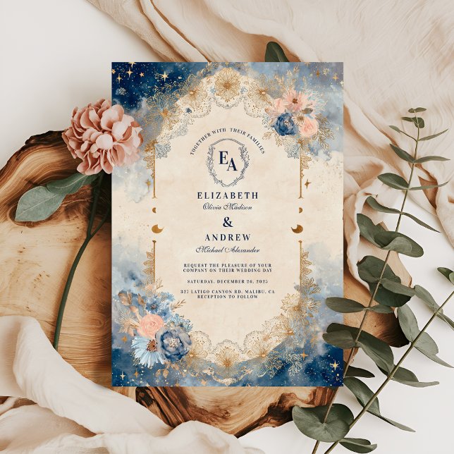 Starry Night Moon and Floral Wedding Invitation (Creator Uploaded)