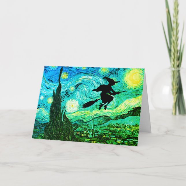 Starry Night Moon Flying Witch Silhouette Card (Front)