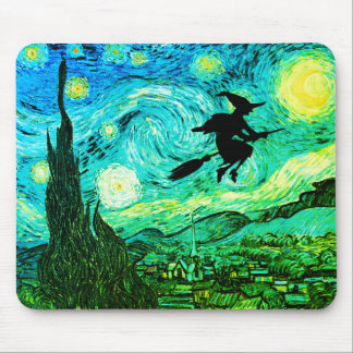 Starry Night Moon Flying Witch Silhouette Mouse Pad