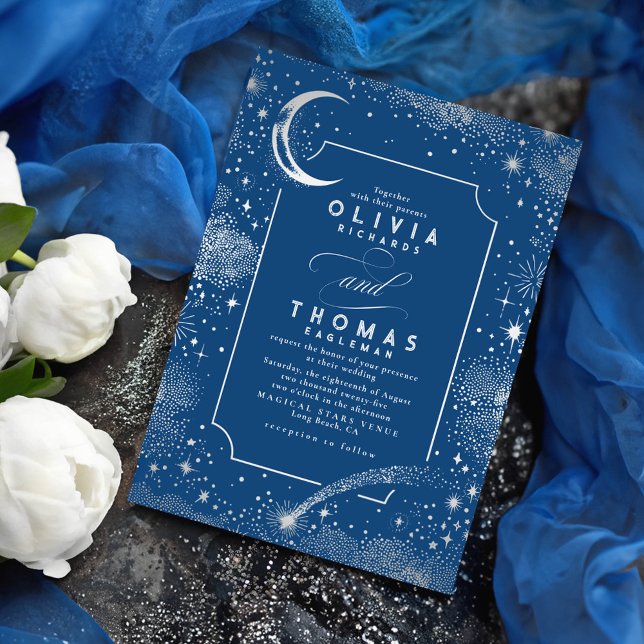 Starry Night Moon Shooting Star Celestial Wedding Invitation (Silver and Navy Blue Celestial Wedding Invitations)