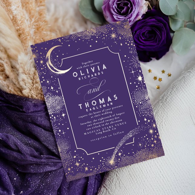 Starry Night Moon Shooting Star Celestial Wedding Invitation (Celestial Purple Wedding Invitation)