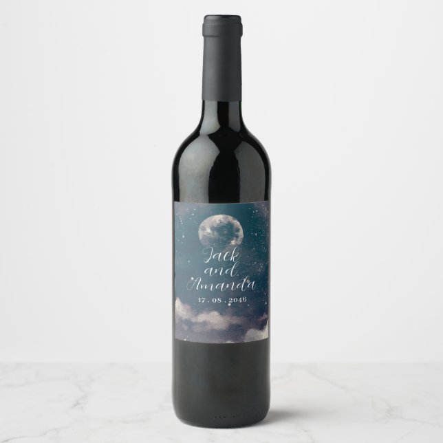Starry Night Moonlight Wedding Wine Bottle Label (Front)