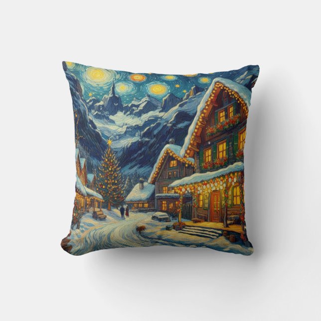 Starry Night Mountain Village Christmas Cushion (Front)