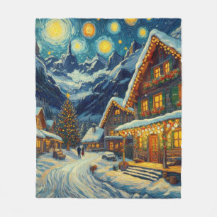 Starry Night Mountain Village Christmas Fleece Blanket
