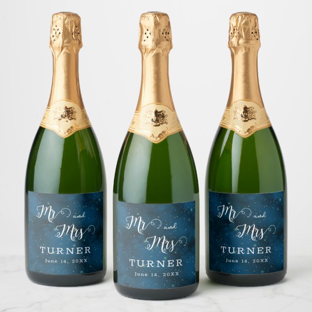 Starry Night Mr and Mrs Wedding Sparkling Wine Label (Bottles)