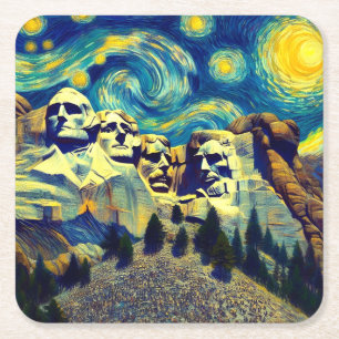 Starry Night Mt. Rushmore South Dakota Square Paper Coaster