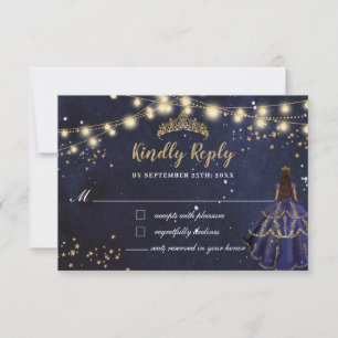 Starry Night Navy Blue Dress Gold Quinceañera RSVP Card