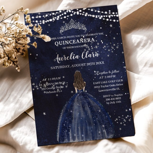 Starry Night Navy Blue Dress Silver Quinceañera Invitation (Creator Uploaded)