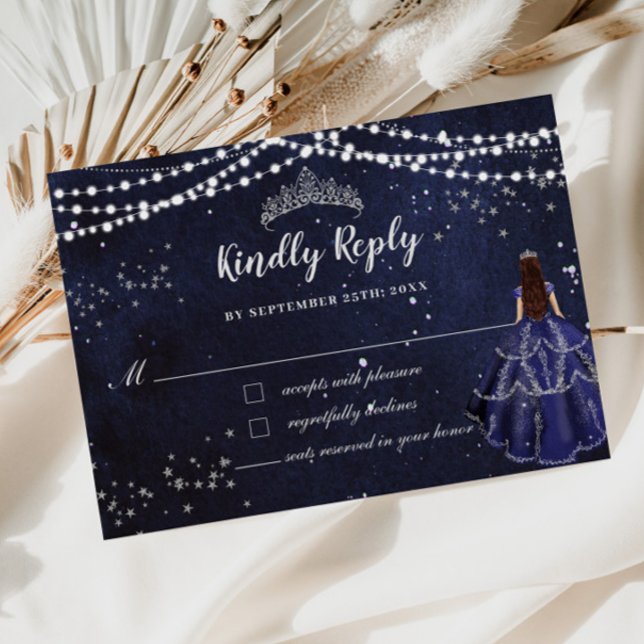 Starry Night Navy Blue Dress Silver Quinceañera RSVP Card (Creator Uploaded)