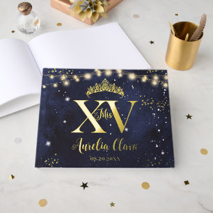 Starry Night Navy Blue Gold Quinceañera Mis XV Guest Book