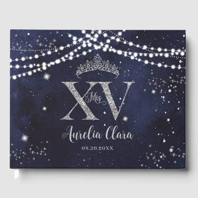 Starry Night Navy Blue Silver Quinceañera Birthday Guest Book (Front)