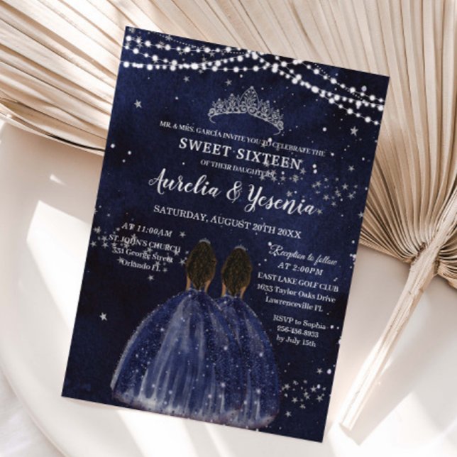 Starry Night Navy Blue Sweet 16 Twins Brown Girls Invitation (Creator Uploaded)