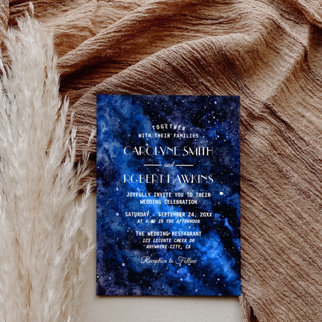 Starry Night Navy Blue Watercolor Wedding Invitati Invitation (Creator Uploaded)