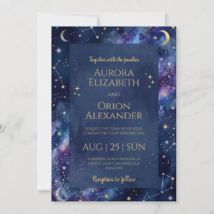 Starry night navy blue watercolor wedding invitation