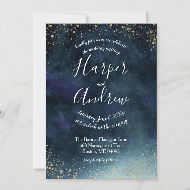Starry Night Navy Blue Watercolor Wedding Invitation (Front)