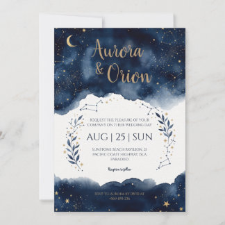 Starry night navy blue watercolor wedding invitation
