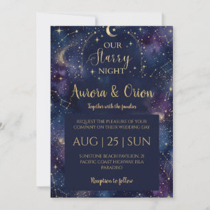 Starry night navy blue watercolor wedding invitation