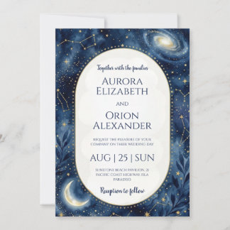 Starry night navy blue watercolor wedding invitation