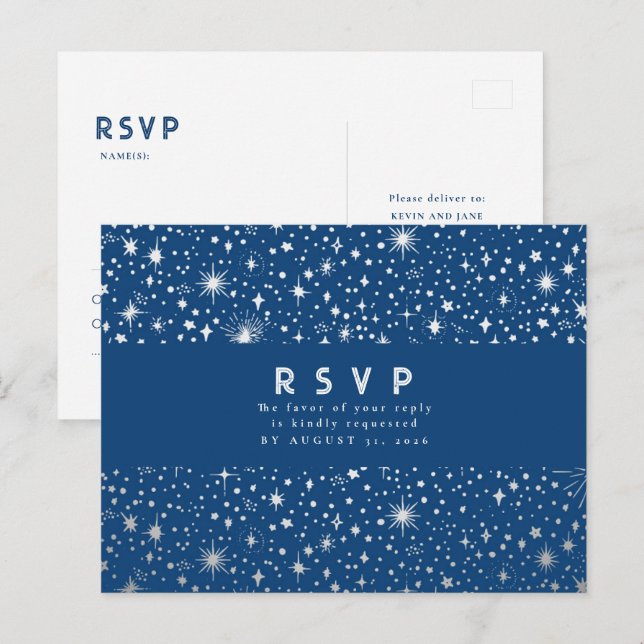 Starry Night Navy Blue Wedding RSVP Postcard (Front/Back)