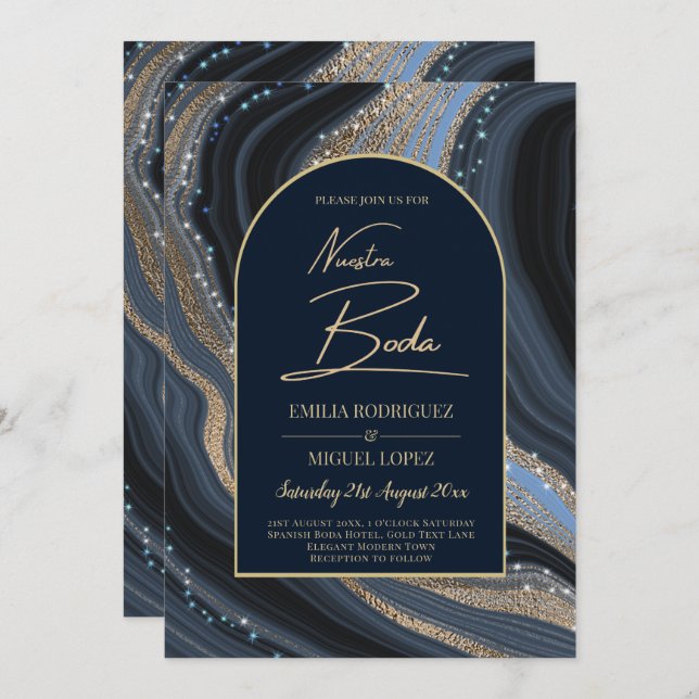 Starry Night Navy Gold Agate NUESTRA BODA Invite (Front/Back)