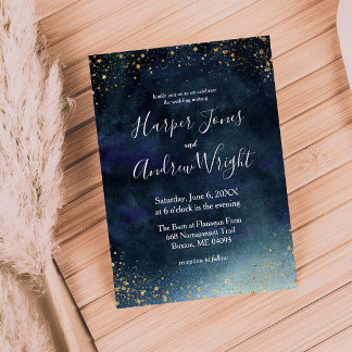 Starry Night Navy Gold Watercolor Wedding Invitation