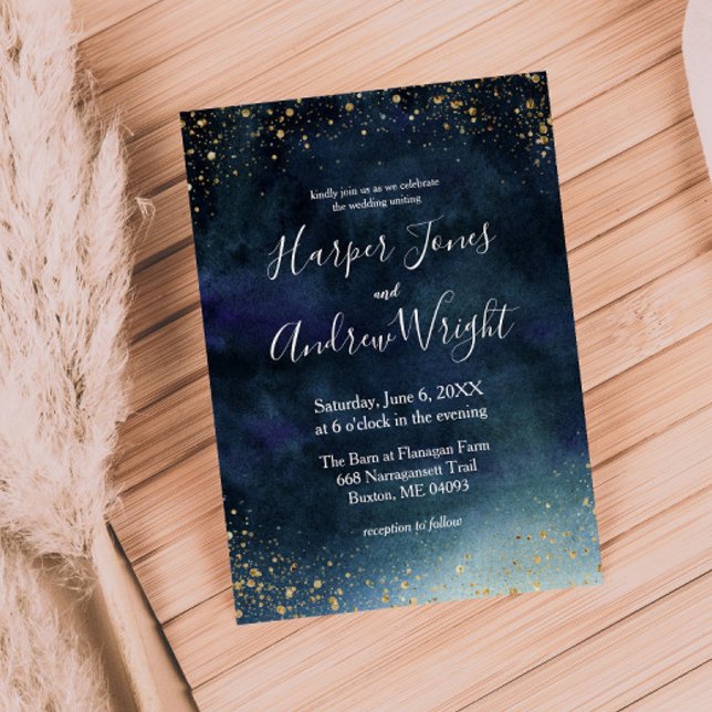 Starry Night Navy Gold Watercolor Wedding Invitation (Creator Uploaded)