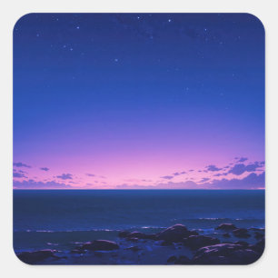 Starry Night Ocean Shore at Purple Sunset Square Sticker
