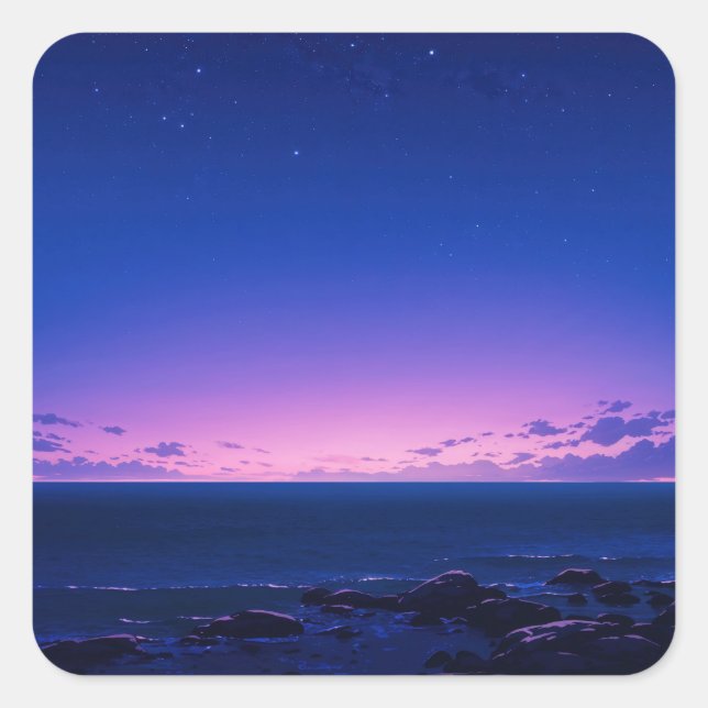 Starry Night Ocean Shore at Purple Sunset Square Sticker (Front)