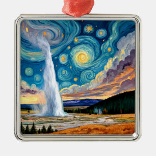 Starry Night Old Faithful Yellowstone Park Metal Tree Decoration