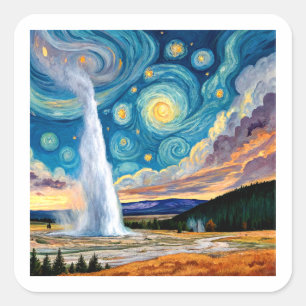 Starry Night Old Faithful Yellowstone Park Square Sticker