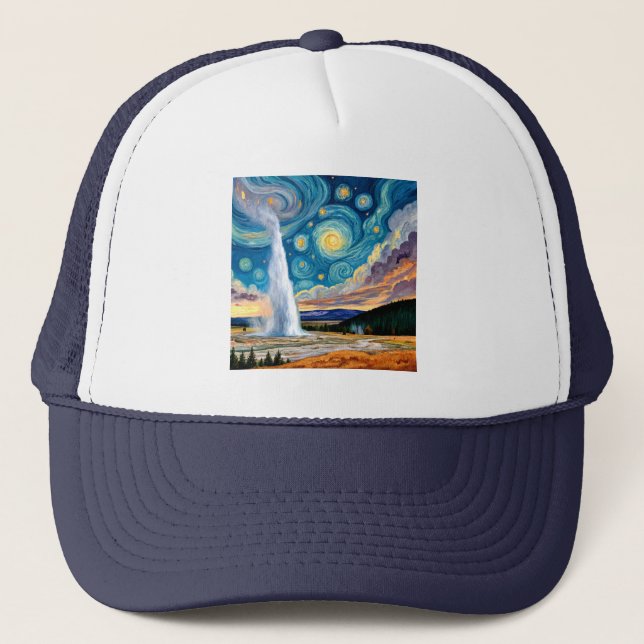 Starry Night Old Faithful Yellowstone Park Trucker Hat (Front)