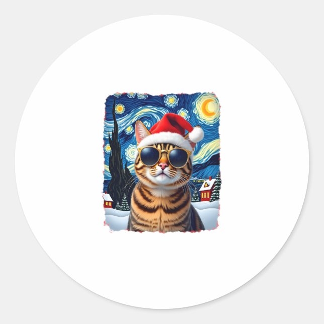 Starry Night Orange Tabby Cat Christmas Classic Round Sticker (Front)