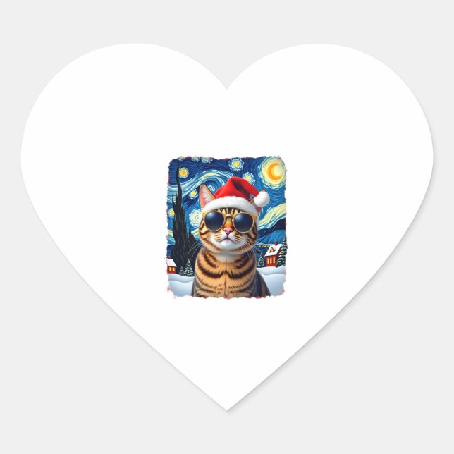 Starry Night Orange Tabby Cat Christmas Heart Sticker (Front)