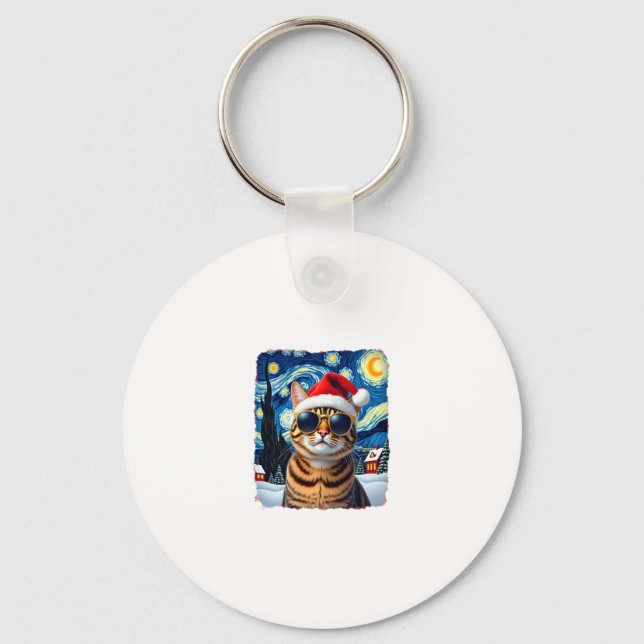 Starry Night Orange Tabby Cat Christmas Key Ring (Front)
