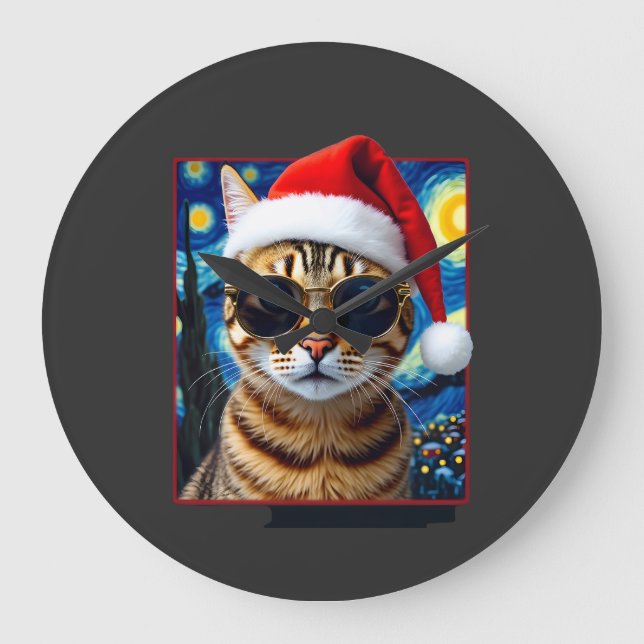 Starry Night Orange Tabby Cat Christmas Large Clock (Front)