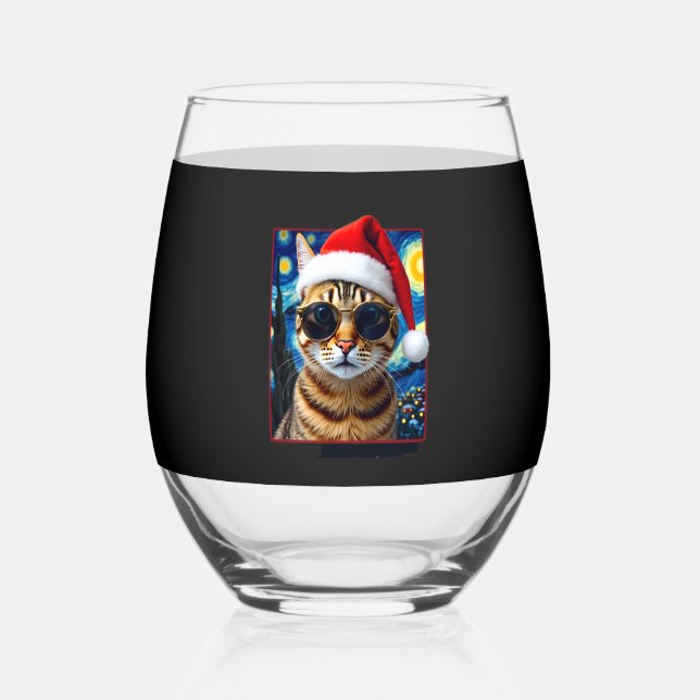 Starry Night Orange Tabby Cat Christmas Stemless Wine Glass (Front)