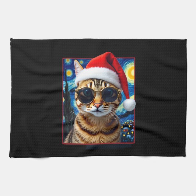 Starry Night Orange Tabby Cat Christmas Tea Towel (Horizontal)