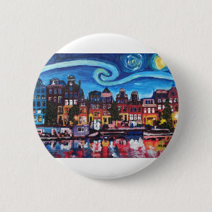Starry Night over Amsterdam Canal 6 Cm Round Badge