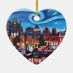 Starry Night over Amsterdam Canal Ceramic Tree Decoration