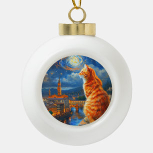 Starry Night Over Florence Ginger Cat Art Ceramic Ball Christmas Ornament
