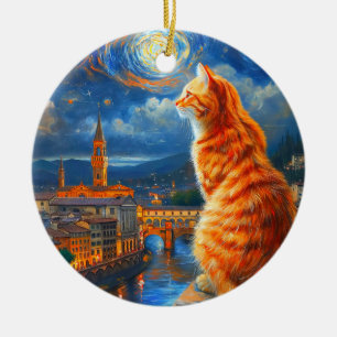 Starry Night Over Florence Ginger Cat Art Ceramic Tree Decoration