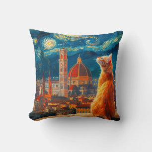 Starry Night Over Florence Ginger Cat Art Cushion