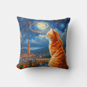 Starry Night Over Florence Ginger Cat Art Cushion
