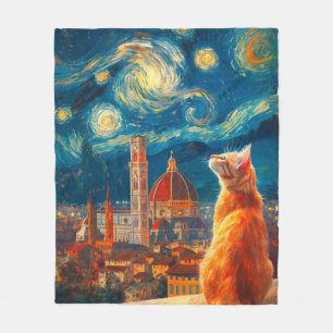 Starry Night Over Florence Ginger Cat Art Fleece Blanket