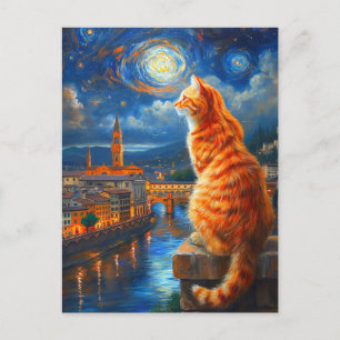 Starry Night Over Florence Ginger Cat Art Invitation Postcard