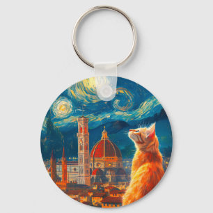 Starry Night Over Florence Ginger Cat Art Key Ring