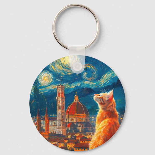 Starry Night Over Florence | Ginger Cat Art Key Ring (Front)