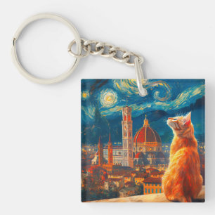 Starry Night Over Florence Ginger Cat Art Key Ring