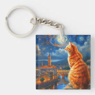 Starry Night Over Florence Ginger Cat Art Key Ring